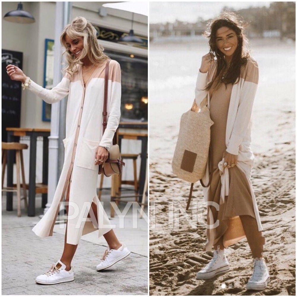 Zara Long Colorblock Cardigan in White and Beige